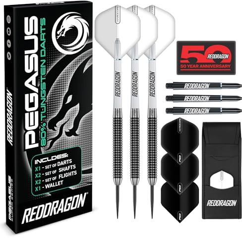 Röd drake Pegasus 30 gram professionellt dartset med volframstålspetsar med flygningar, stjälkar (axlar) och plånbok