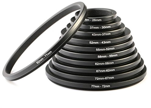 K&F CONCEPT 11 teiliges Filteradapter Set,Step Down Ring Set 30-26,37-30,43-37,52-43,55-52,58-55,62-58,67-62,72-67,77-72,82-77MM Step down Adapter Verkleinernde Filteradapter für Canon Nikon Sony