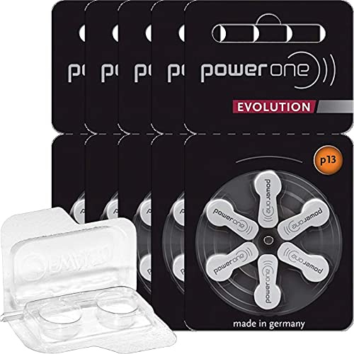 30 x för Power One Evolution storlek 13 hörapparatbatterier 1,45 V (5 x 6 blister) förvaringslåda för 2 hörapparatbatterier (30 batterier, orange)
