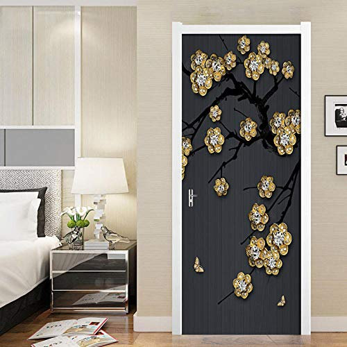 LuSeven stickers paroi de douche Noir prune plante simple 50x125cm(19.68 inches * 49.21 inches) Stickers De Porte 3D Moderne Art Artistiques Auto-Adhésif Mural Poster Porte PVC Sticker Porte Autocolla