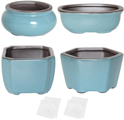 Bonsai Pflanzgefäß Mini glasierte Töpfe Sukkulenten Wert 4er Set mit 4 weichen Netz-Drainage-Sieben