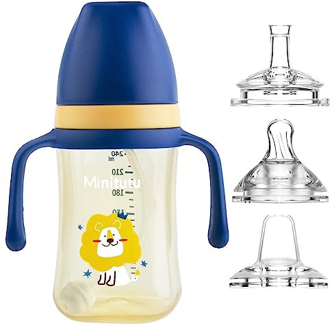 Qshare 3 in 1 Bicchiere Antigoccia Bambini Tazza con Cannuccia e Beccuccio 240ml,con Cannuccia ponderata e anti-fuoriuscita per Bambino 6 9 12 Mesi