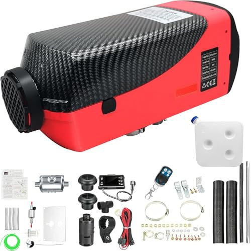 PRIJESSE Dieselheizung All-in-One 8KW 12V, 8000W Diesel-Luft-Auto-Parkheizung mit verbessertem LCD-Schalterdisplay und Fernbedienung, schnelles Aufheizen, für Wohnmobil, Garage, LKW, Boot(Rot
