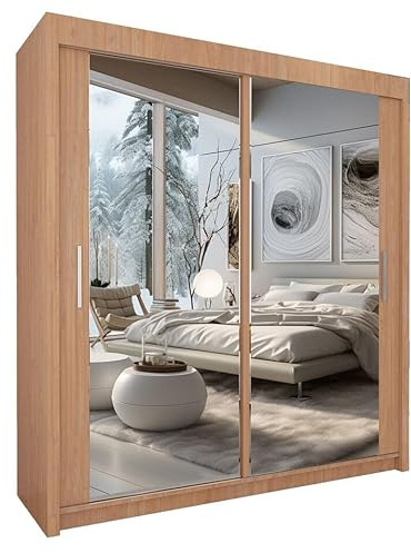 Style Heaven Modern Sliding Door Wardrobe for Bedroom,Matt Finish,2 Mirrored Sliding Doors wardrobes 10 Adjustable Shelves & 4 Hanging Rail,made of MDF Chipboard, aluminium Handles Chicago(203cm Oak)