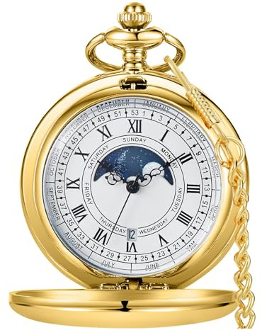 Tiong Orologio da tasca vintage con catena con numeri romani, scala unica al quarzo con calendario, orologio da taschino, regalo di compleanno, festa del papà, 50 - oro, Classico