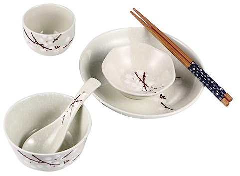 OKUMEYR Vajilla Japonesa De Cerámica Para Uso Diario Incluye Bol Plato Taza Cuchara y Palillos Adecuado y Fácil De Limpiar Para Persona La Cocina