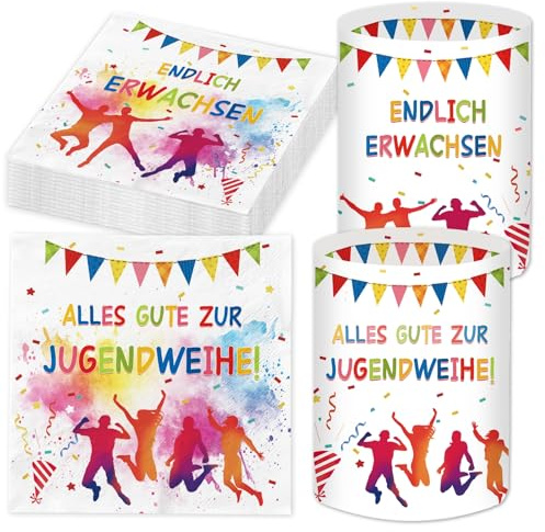 20 Stück Servietten Jugendweihe + 12 Stück Windlicht Tischdeko, Jugendweihe Deko Mädchen Junge 2025, Endlich Jugendweihe Party Deko Set Geschenke, Gastgeschenk Bunte Dekoration