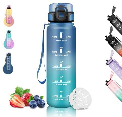 Trinkflasche- 1 liter- Trinkflasche Sport, Trinkflasche Auslaufsicher, Leicht zu Reinigen, Trinkflasch Kohlensäure Geeignet, Wasserflasche für Fahrrad, Schule, Camping, Wandern, Running, Blau-Grün