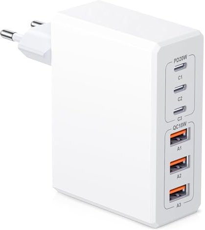 100W 6-Port Schnellladegerät, with 3 USB-C 20W and 3 USB-A 18W Wall Charger, PD 3.0 Portable USB Ladegerät Mehrfach, Handy Ladegeräte for iPhone 16 15 14 Pro/Pro Max, Samsung/Google
