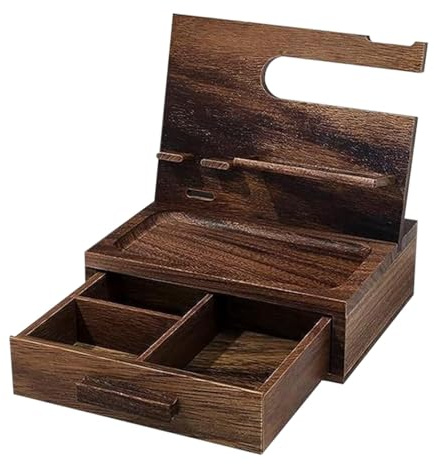 Docking station per camera da letto, portaoggetti per comodino, organizer in legno, docking station per telefono con cassetto, portafoglio, chiavi e supporto per orologi da uomo, per papà e marito
