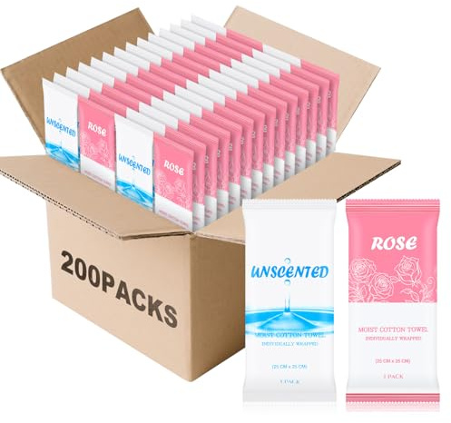 Moist Towelettes, Disposable Pre Moistened Towels Individually Wrapped, Soft Portable Face & Body Wet Towels for Travel Hotel Sport Camping Spa (9.8 x 9.8 inch, Rose & Fresh 200pack)