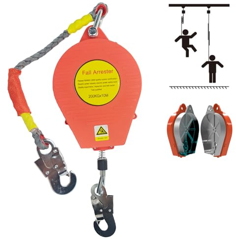 BOVDC Dispositivo Anticaduta Retrattile Certificato, 200 KG Dispositivo Anticaduta Tetto con Doppia Serratura, 10m Rosso Kit Imbracatura Anticaduta Tetto e Lavoro Aereo(Rosso - 1 Pezzo,10m)