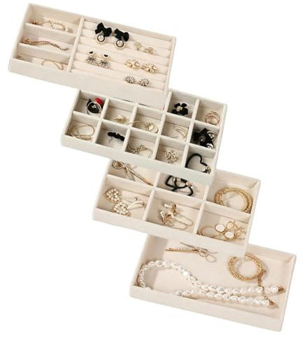 HAOXIZI 4 Pcs Premium Velvet Jewellery Organiser Trays, Stackable Jewellery Drawer Organiser for Earrings, Rings, Necklaces and Bracelets, Elegant Jewellerys Storage Display Tray for Women (Beige)
