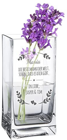 Casa Vivente Blumenvase mit Gravur Beste Mama der Welt, Personalisiert mit Namen, Glasvase für Schnittblumen, Deko-Vase als Muttertagsgeschenk