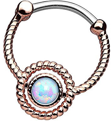 Piersando Piercing Scharnier Clicker Ring Schild Tribal mit Doppel Opal Stein Vintage Septum für Tragus Helix Ohr Nase Lippe Brust Intim Rosegold
