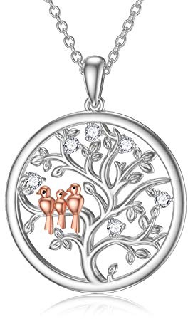 LONAGO Collar Árbol De La Vida Plata de Ley 925 Pájaros Lindos Árbol de Familia Colgante Collar Joyería para Mujer