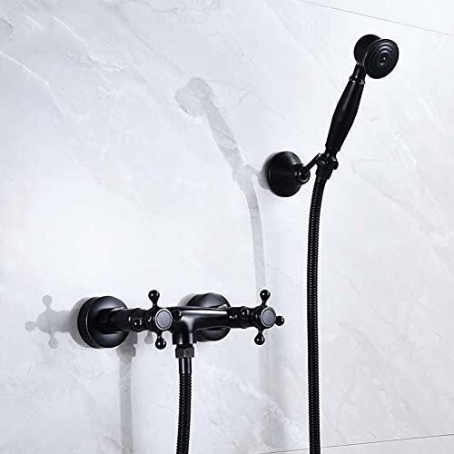 Grifo De Bañera Con Alcachofa De Mano, Latón Montaje En Pared Grifo Ducha Con Dos Asas, Mezclador Baño Y Ducha Incluye Manguera De Ducha De 1,5 M Y Soporte, Negro, Diseño Vintage