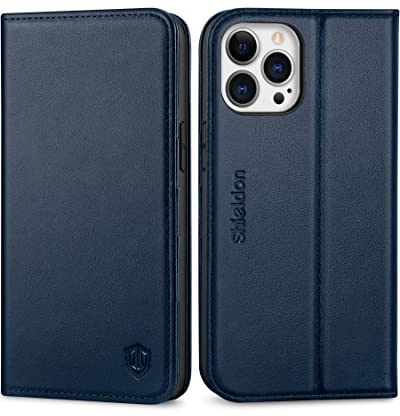 SHIELDON Echtleder Hülle für iPhone 13 Pro Max 6,7, Marineblau | Verdichtetes TPU, Kartenfach, Standfunktion, RFID-Sperre, Telefon Schutzhülle, Klapphülle, Magnet Handyhülle