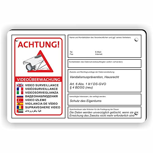 Fassbender-Druck SCHILDER - VIDEOÜBERWACHT DSGVO (BDSG) konform vorgebohrtes Schild zum Markieren eines videoüberwachten Bereiches - Videoüberwachungsschild mit Bohrlöchern - (15x10cm SCHILD)