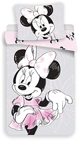 Minnie Maus Beautiful Kinderbettwäsche 140x200 + Kissenbezug 70x90 Grau | Wendebettwäsche Einzelbett | Naturbaumwolle atmungsaktiv Oeko-Tex | Disney | Mädchen | Geschenk | Maschinenwaschbar