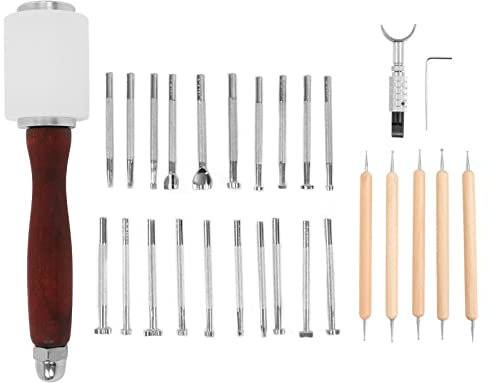 28 Herramientas de Repujado de Cuero, Kit de Tallado Manual para Manualidades, Juego de Herramientas para Hacer Sillas de Montar con Martillo de Madera para Tallado Costura