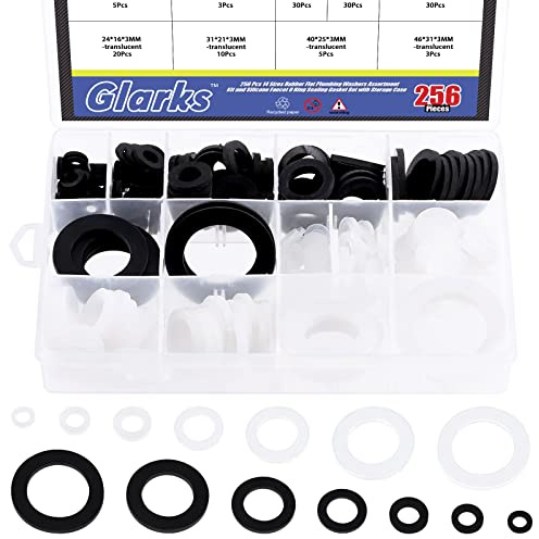 Glarks 256 Stück hydraulische Gummi-Unterlegscheiben in 7 Größen und Silikonschlauch O-Ring Dichtungssatz flach für Wasserhahn Messing Gartenschlauch Badewanne Duschschlauch Filterkopf Wasserhahn