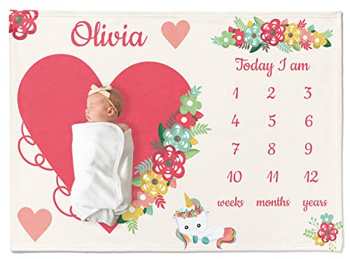 Personalisedog Personalisierte Meilenstein Babydecke mit rotem Herz und Blumen Design | Baby Decke Monatsdecke Kuscheldecke für Babys, Monate, Geschenk für Mädchen (Red with Flowers)