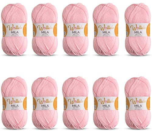 Wollidu Mila Garn zum Häkeln und Stricken 10 x 50g/133m Strickgarn 100% Polyacryl Häkelgarn Rosa