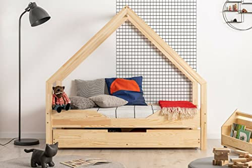 ahoj baby Hausbett mit Schublade für Kinder, Montessori-Hausbett, solides handgefertigtes Bett für Kleinkinder, Kinderbett, Bettrahmen, Cottage-Bett, Kleinkinderbett (90x200)