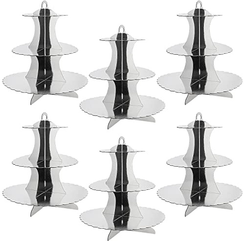 SINJEUN 6 Pack 3 Tier Cardboard Cake Stand, Silver Foil Cupcake Display Tower, Scalloped Cardboard Cupcake Holder, Serving Stand for Afternoon Tea, Birthday Party, Wedding