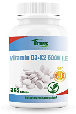 FUTURES NUTRITION 5000 I.E Vitamin D3 K2 Hochdosiert | Vegan | Beste Bioverfügbarkeit mit 99,7+% All-Trans Anteil | Nur 1 Tablette alle 5 Tage | Laborgeprüfte Reinheit | 365 Tabletten