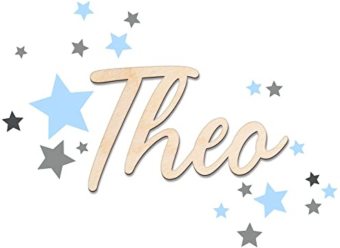 timalo® Türschild Holz personalisiert mit Namen. Individuelles Namensschild Kinderzimmer 3D Schriftzug Dekoration Tür Wanddeko Aufkleber | wood2-a-Sterne-30cm