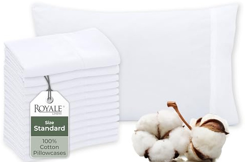 Royale Linens White Cotton Pillow Cases Standard Size Set of 12 - Bed Pillow Covers - 100% Cotton Pillowcases - Soft & Cooling- Envelope Closure - Hotel Quality Bulk Pillowcases 20 x 26