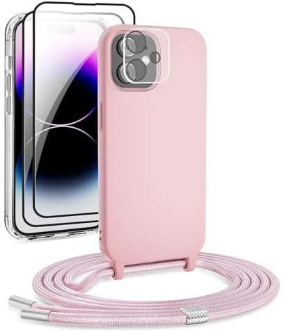 DiDaDi Handykette kompatibel mit iPhone 12 Mini Hülle,Handyband Necklace Hülle mit Band Handyhülle für zum Umhängen Silikon Case mit Schnur Schutzfolie und Kameraschutz in Dunkelrosa Gold