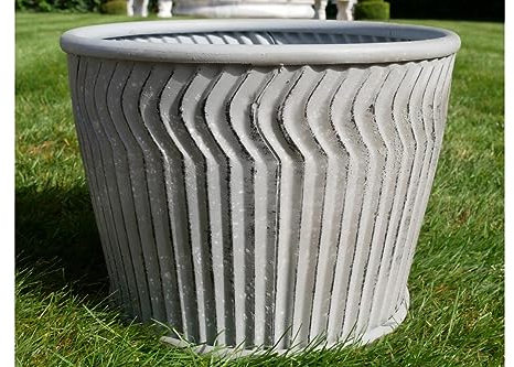 Small Short Galvanised Zinc Dolly Tub Metal Plant Pot, Large Grey Ribbed Planter Barrel Drum