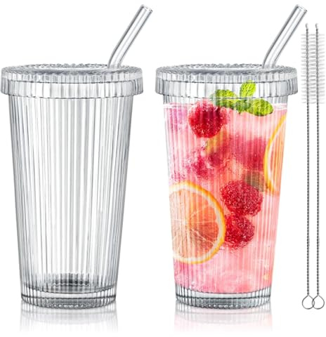 Joeyan 375ml Lot de 2 verres à boire en verre clair Ripple avec paille en verre et couvercle, pour boissons glacées, café, boissons aux fruits et thé, pour maison, cuisine et bureau