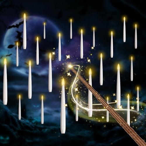 SLVCREK Lot de 20 bougies LED flottantes à suspendre avec baguette à distance, bougies LED sans flamme, bougies à piles pour maison, église, fête, Halloween, décoration de Noël