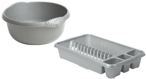 M1SS Set of 2- High Grade Plastic Kitchen Medium Dish Drainer with 28cm Round Washing Up Bowl Plate Rack Draining Board Tray Stand Sink Holder Kitchen Organiser (Silver)