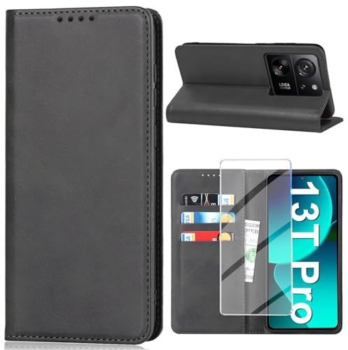 Vaki Handyhülle für Xiaomi 13T Pro/13T Hülle mit Panzerglas Schutzfolie, Schutzhülle Leder Wallet Kartenfach Standfunktion Klapphülle für Xiaomi 13T/13T Pro Case Cover Klappbar (Schwarz)