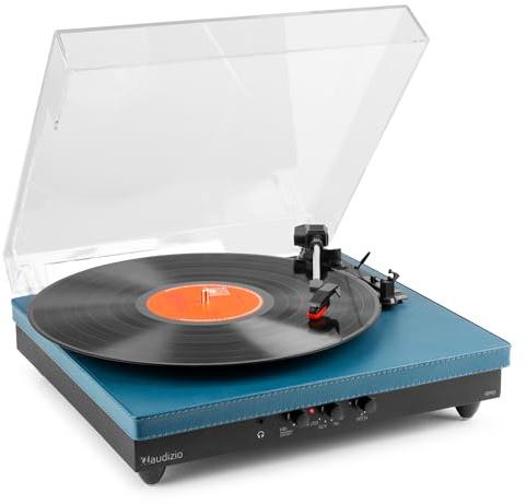 Audizio RP113D Tocadiscos Bluetooth con Altavoz, giradiscos Bluetooth, transmisión por Correa, USB, AUX, Salida de línea, convertidor MP3 Vinilo, 33 1/3, 45, 78 RPM, Incl. Tapa Antipolvo - Azul