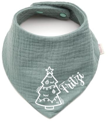 Personalisiertes Dreieckshalstuch aus Baumwolle/Musselin | Weihnachtsbaum mit Namen | Halstuch für Jungen, Mädchen | Viele Farben (Dunkelmint)