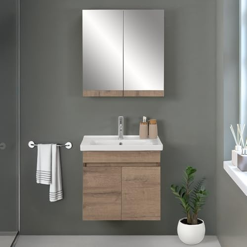 Inbagno Mobile bagno sospeso 65 cm rovere scuro con 2 ante soft-close, lavabo e specchio contenitore 65x66 cm, MONA