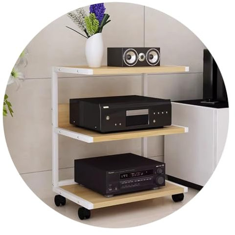 HiFi-Ständer, Plattenspieler-Ständer 3-stufige Holzregale, Multifunktionales Audio-Rack Mit Rolle Medien-Aufbewahrungsregale (Color : Weiß, S : 50 * 40 * 75cm(3Tier))