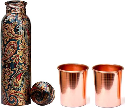 BishtHub Bottiglia in rame con 2 bicchieri di rame, utensili da cucina in rame, gadget da cucina, set regalo (bottiglia da 1000 ml, 300 ml per bicchiere)