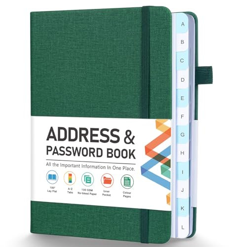 Adressbuch, Adress- und Passwortbuch mit alphabetischen Registern, Hardcover-Telefonbuch, Adress-Organizer, Aufzeichnung mit Tasche, farbige Seiten, 11,1 x 14,7 cm, Stoffgrün