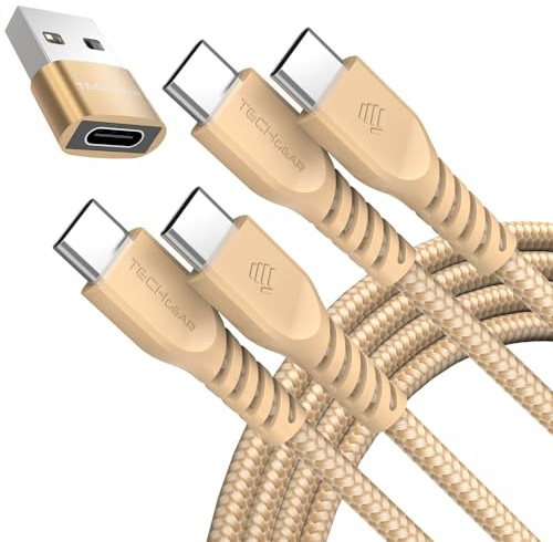 TECHGEAR Cavo caricabatterie da USB C a USB C 60 W (1 M+1 M+adattatore) Cavo intrecciato FORTE da tipo C a C Cavo dati a ricarica rapida compatibile con iPhone 15, iPad Pro 2022, iPad 10th 2022, MacB