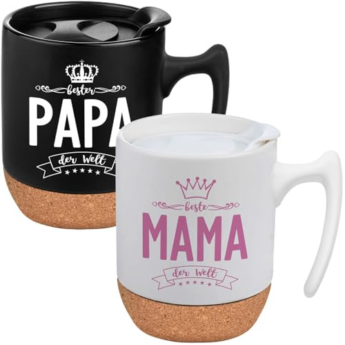 Mama und Papa Tassen Set mit Deckel und Untersetzer, | Beste Mama Papa der Welt Kaffeetasse, Geschenke für Eltern Mutter Vater zum Geburtstag Weihnachten