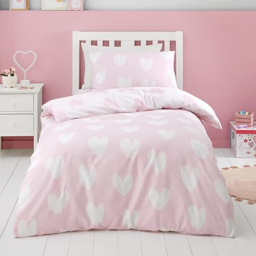 Catherine Lansfield Brushed Cotton Hearts Reversible Junior Duvet Cover Set with Pillowcase Pink