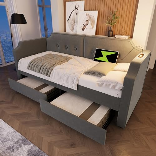 Dolamaní Moderne Multifunktionales Design Schlafsofa 90x200 cm, Tagesbett Sofabett mit 2 Stauraum Schubladen, Bettgestell mit Lattenrost aus Holz, Samt (Grau)