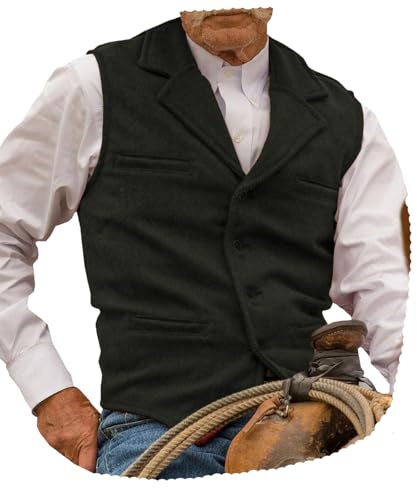 Garqia Clyon Hunting Aged Mens Tweed Vests Herringbone Waistcoats Retro Casual Wedding Wool Business Vests (Army Green,XL)